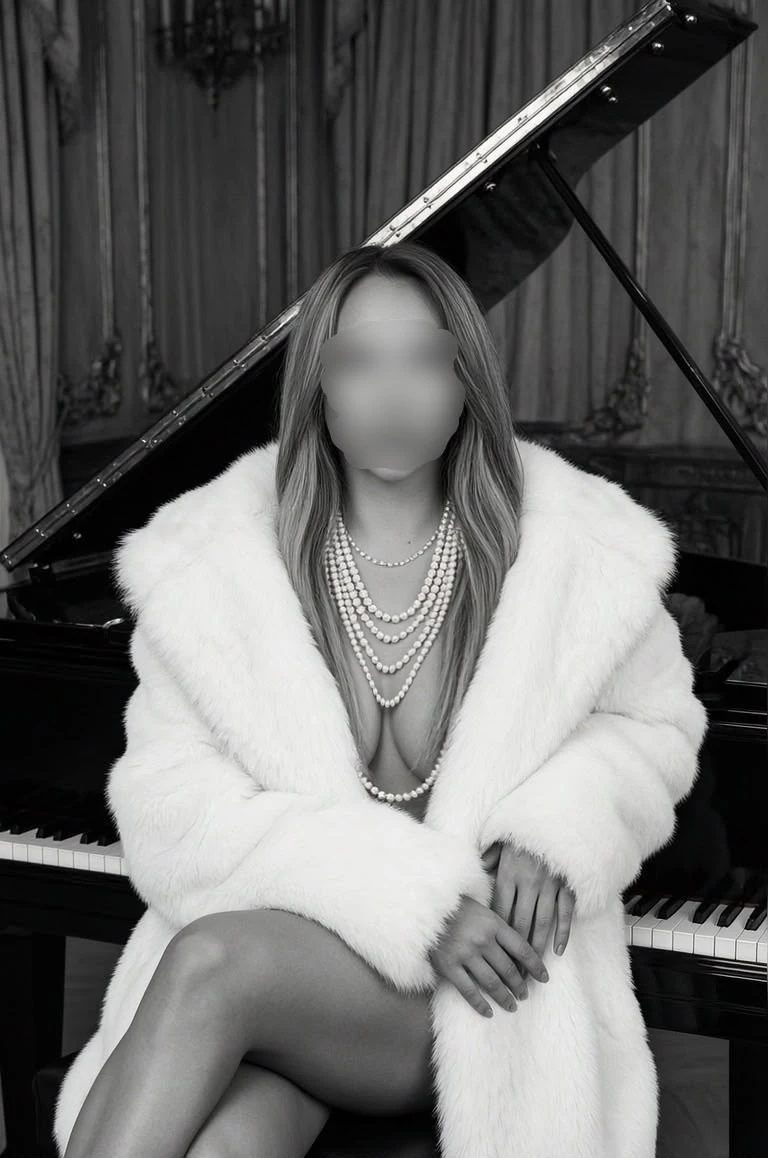 Lana in a white fur coat and ropes of pearls, seated at a grand piano, in black and white
